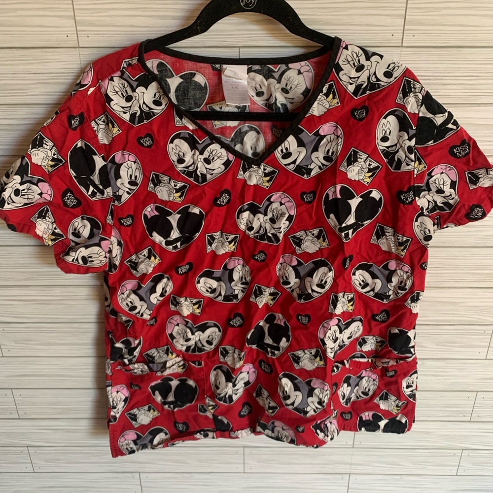 Disney Red Mickey & Minnie Heart Print Scrub Top